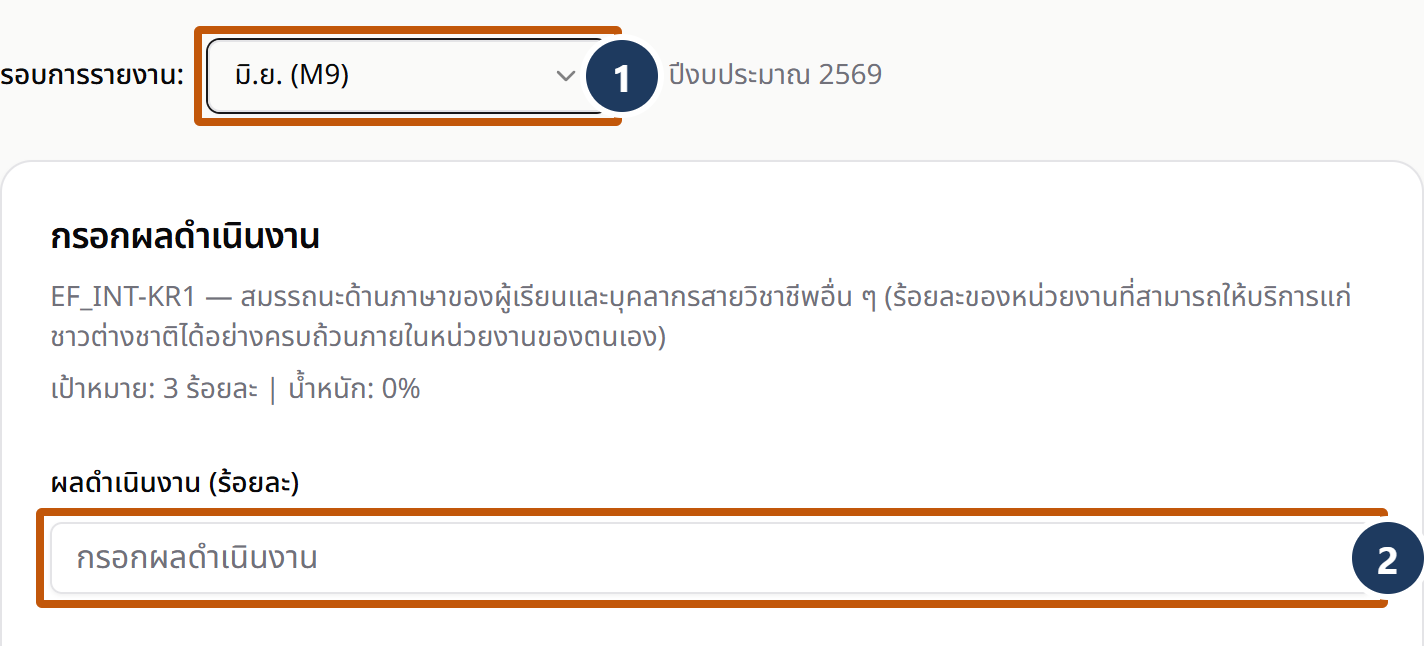 ส่วนบนของหน้ากรอกผล PA แสดงช่องเลือกรอบการรายงานที่เลือกไว้เป็น มิ.ย. (M9) การ์ดกรอกผลดำเนินงาน และช่องผลดำเนินงานที่ยังว่างอยู่